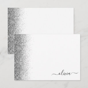 Tarjeta De Agradecimiento Monograma del guión del Purpurina blanco plateado