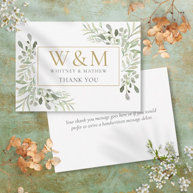 Tarjeta De Agradecimiento Monograma Dorado Elegante con Verdor (Gold Monogram Greenery Elegant Thank You Card)