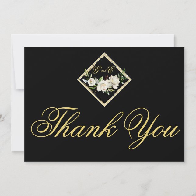 Tarjeta De Agradecimiento Monograma elegante Boho Black Floral Gold Boda (Anverso)
