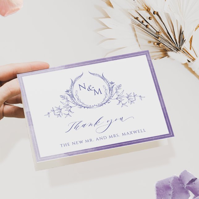 Tarjeta De Agradecimiento Monograma elegante de lavanda, Boda acuarela (Subido por el creador)