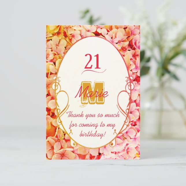 Tarjeta De Agradecimiento Monograma Elegante Floral Pink Cumpleaños (Anverso de pie)