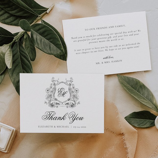 Tarjeta De Agradecimiento Monograma Escudo floral formal matrimonio elegante (Subido por el creador)