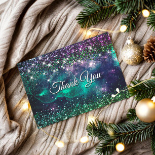 Tarjeta De Agradecimiento Monograma falso brillante verde morado oscuro con