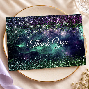 Tarjeta De Agradecimiento Monograma falso brillante verde morado oscuro con