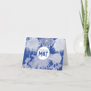 Tarjeta De Agradecimiento Monograma floral Chinoiserie azul blanco