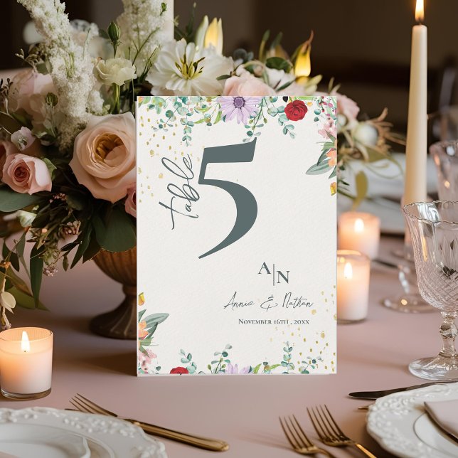 Tarjeta De Agradecimiento Monograma Flores silvestres Boda Floral Número de  (Monogram Wildflowers Floral Wedding Table Number)