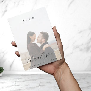 Tarjeta De Agradecimiento Monograma fotográfico luminoso elegante Boda blanc