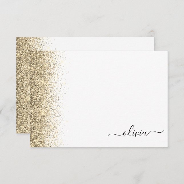 Tarjeta De Agradecimiento Monograma Glitter Dorado Blanco Script Femenino (Anverso / Reverso)