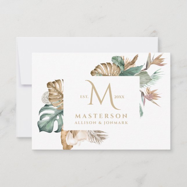 Tarjeta De Agradecimiento Monograma Gracias Gold Tropics (Anverso)