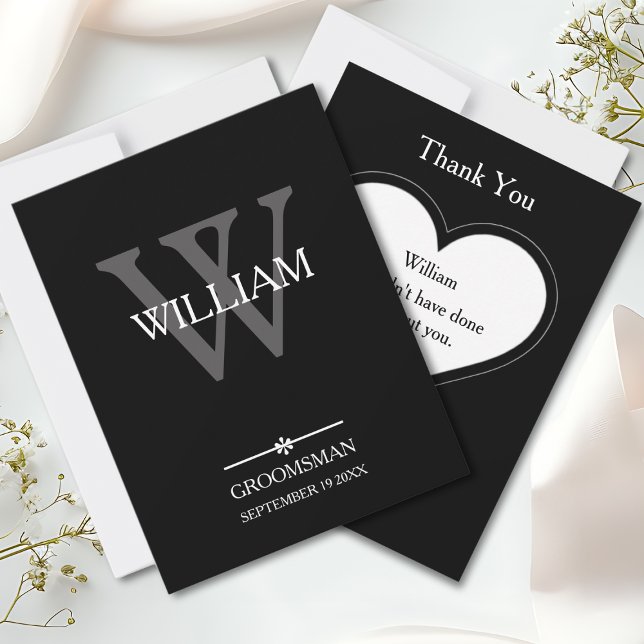 Tarjeta De Agradecimiento Monograma Groomsman + Guay con guión clásico (Groomsman Monogram and Name Classic Script Cool Thank You Card.)