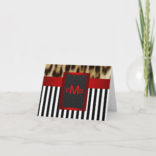 Tarjeta De Agradecimiento Monograma Leopard Red Black White Stripe