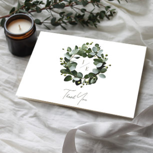 Tarjeta De Agradecimiento Monograma moderno Eucalyptus Wreath Boda   Blanca