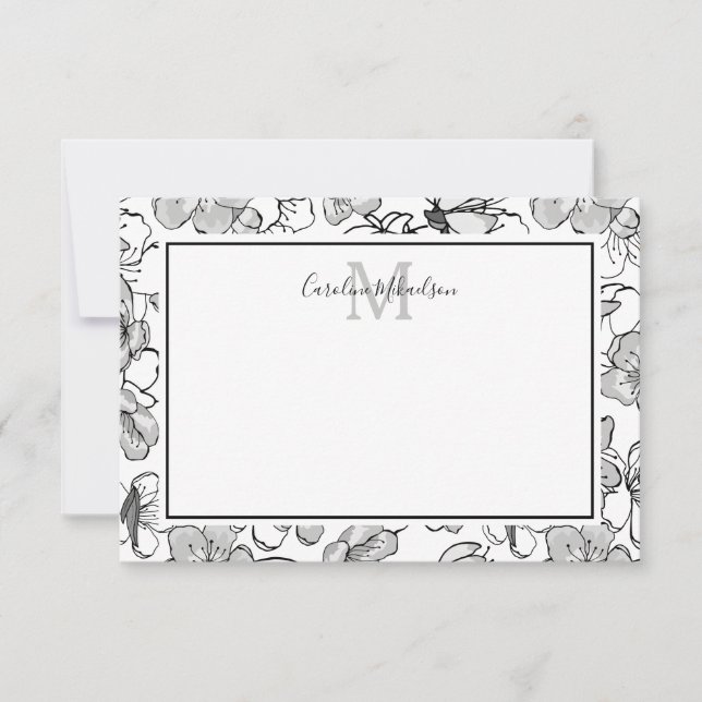 Tarjeta De Agradecimiento Monograma Patrón floral blanco y negro (Anverso)
