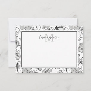 Tarjeta De Agradecimiento Monograma Patrón floral blanco y negro