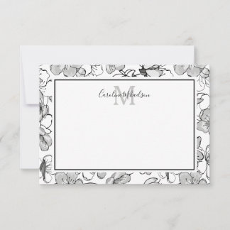 Tarjeta De Agradecimiento Monograma Patrón floral blanco y negro