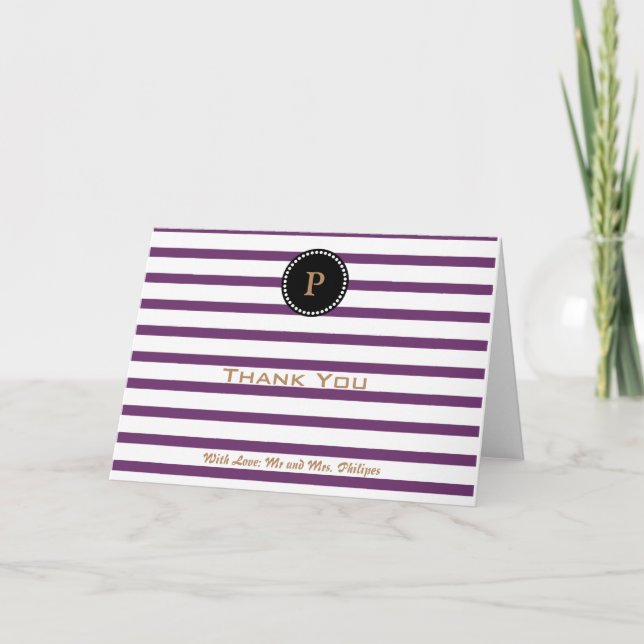 Tarjeta De Agradecimiento Monograma Purple Striped Personalizado Gracias (Anverso)