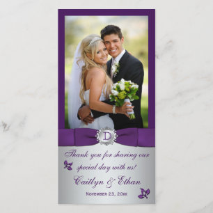 Tarjeta De Agradecimiento Monograma púrpura, Boda floral plateado