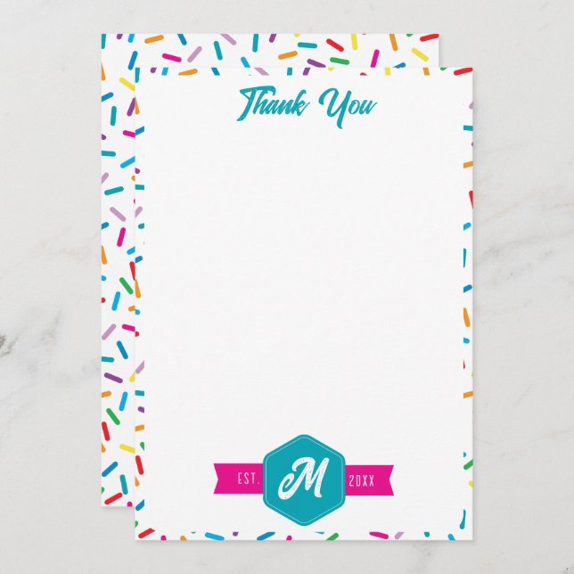 Tarjeta De Agradecimiento Monograma retro de chispas arcoiris coloridas (Anverso / Reverso)