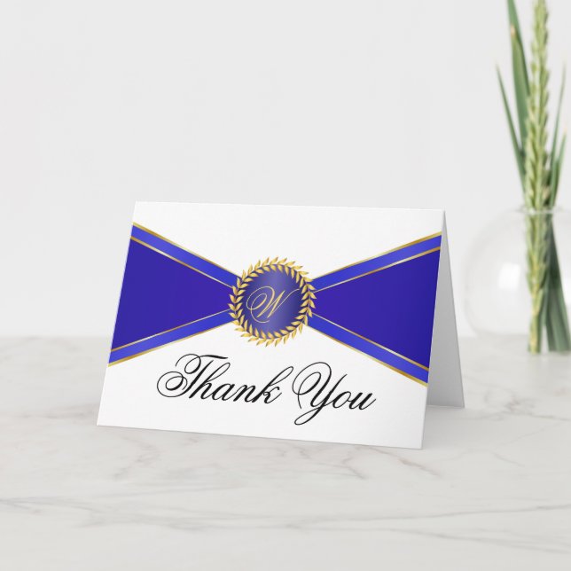 Tarjeta De Agradecimiento Monograma Royal Blue Elegance (Anverso)