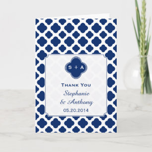 Tarjeta De Agradecimiento Monograma Royal Blue Quatrefoil Boda Gracias