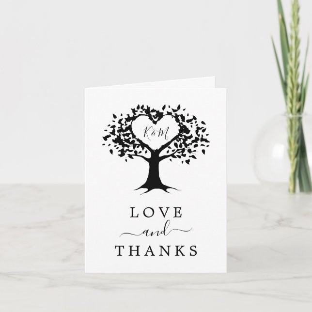 Tarjeta De Agradecimiento Monograma simple negro y blanco Boda de árbol del  (Anverso)