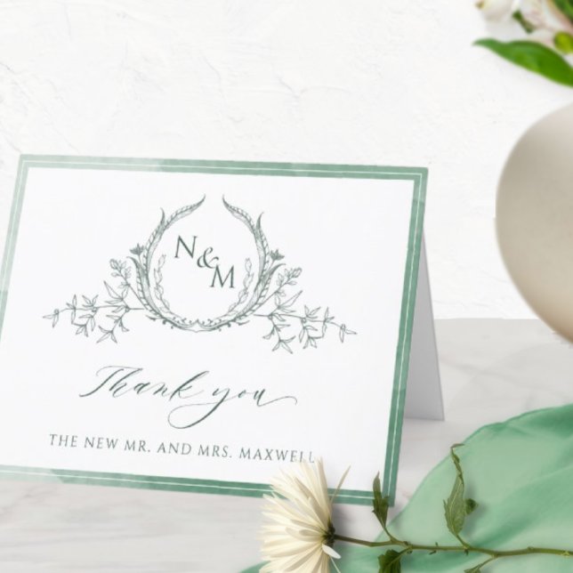 Tarjeta De Agradecimiento Monograma verde elegante, Boda acuarela (Subido por el creador)