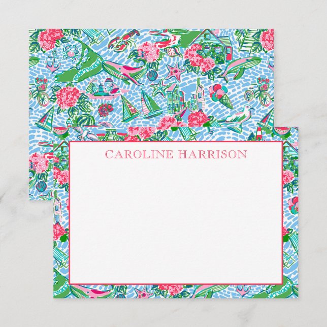 Tarjeta De Agradecimiento Monogramación del patrón de Nantucket Preppy Palm  (Anverso / Reverso)