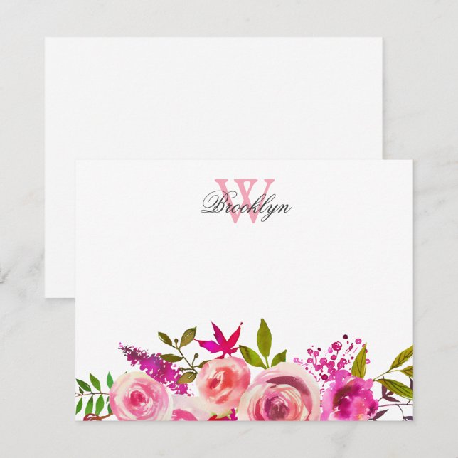 Tarjeta De Agradecimiento Monogramado Botánico Floral Rosa Brillante (Anverso / Reverso)