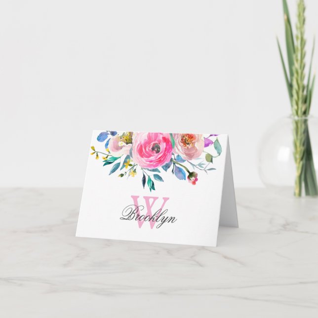 Tarjeta De Agradecimiento Monogramado botánico floral rosa morado Rubor (Anverso)