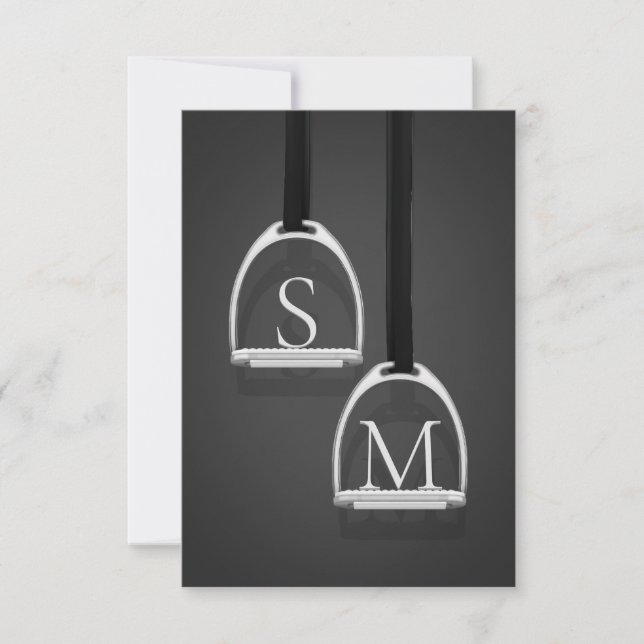 Tarjeta De Agradecimiento Monogramado Stirrup Irones Gris Negro Ecuestre (Anverso)