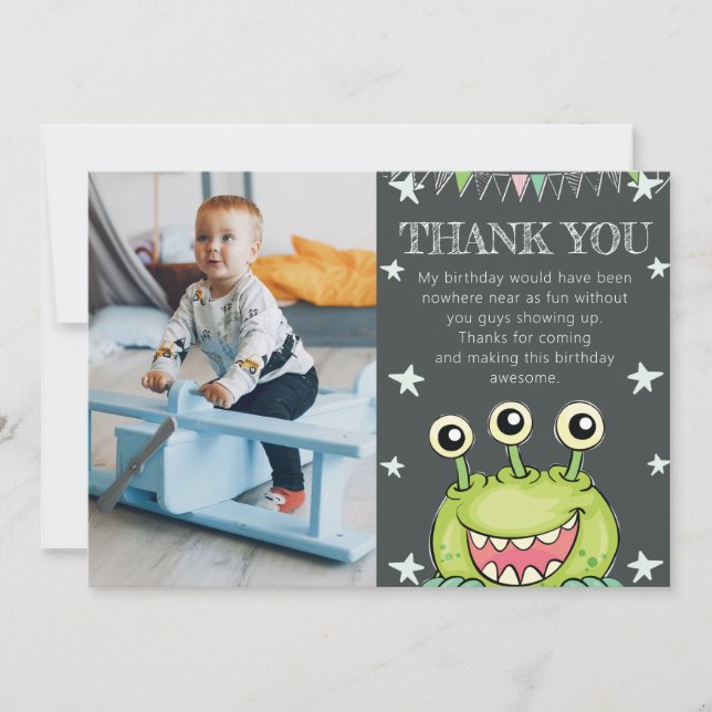 Tarjeta De Agradecimiento Monster Theme Photo Birthday (Anverso)