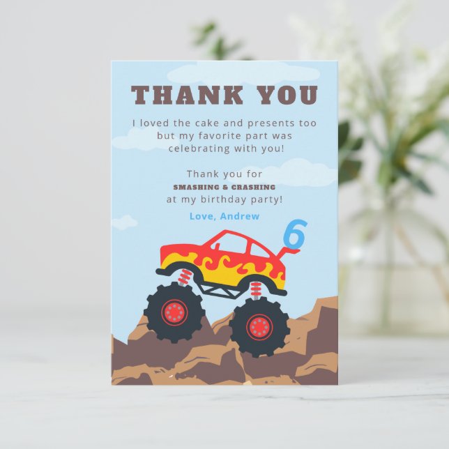 Tarjeta De Agradecimiento Monster Truck Boy Birthday Party (Anverso de pie)