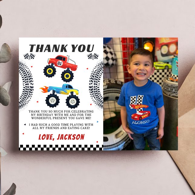 Tarjeta De Agradecimiento Monster Truck Boy Birthday Photo You Card (Subido por el creador)