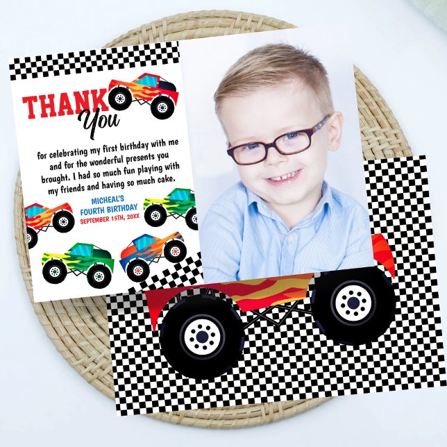 Tarjeta De Agradecimiento Monster Truck Photo Fourth Birday (Subido por el creador)