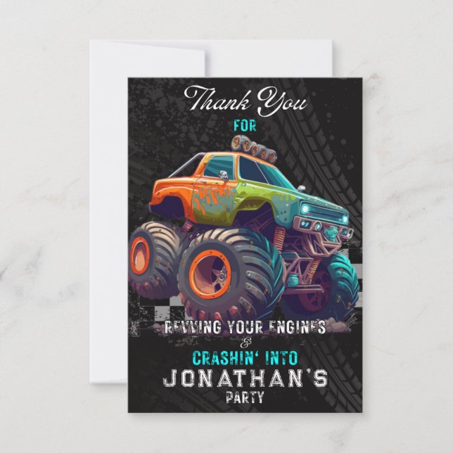 Tarjeta De Agradecimiento Monster Truck Rally Birthday Party (Anverso)