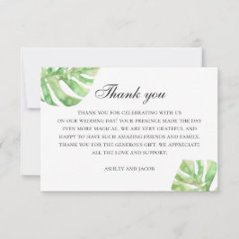 Tarjeta De Agradecimiento Monstera acuarela. Verde tropical para boda