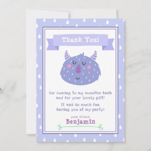 Tarjeta De Agradecimiento Monstruo Morado Adorable Fiesta de Cumpleaños de
