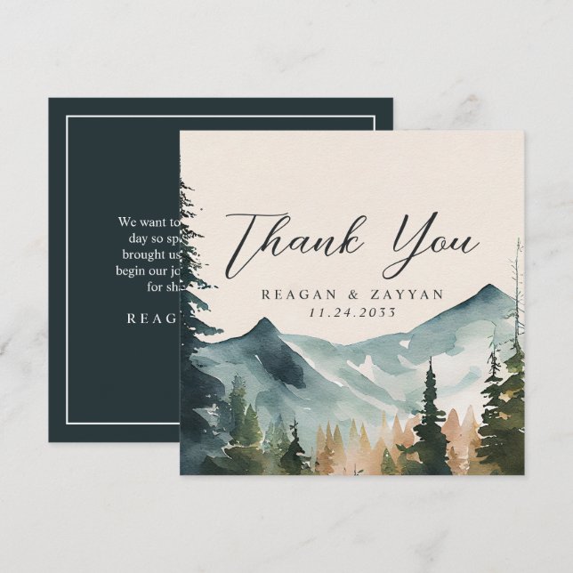 Tarjeta De Agradecimiento Montañas de Acuarela y Bodas de Pinos (Anverso / Reverso)