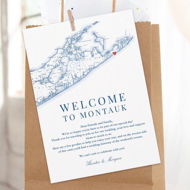 Tarjeta De Agradecimiento Montauk NY Map Boda Carta de bienvenida Navy azul (Montauk NY Map Wedding Welcome letter and weekend events itinerary for an elegant navy blue wedding )