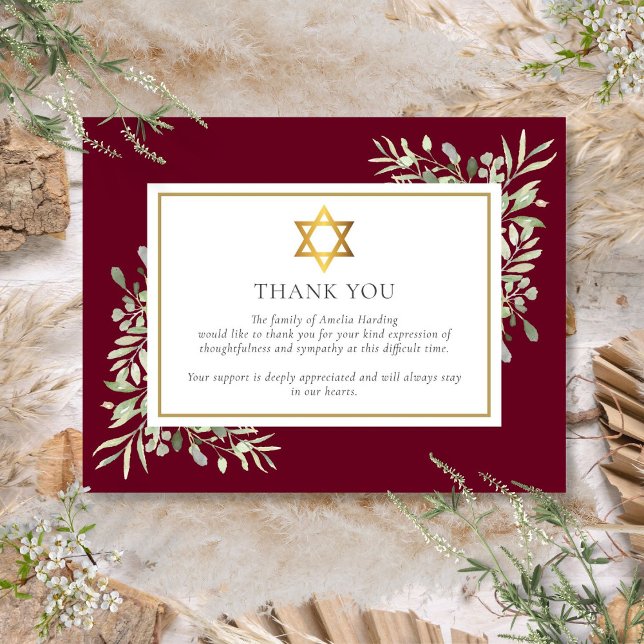 Tarjeta De Agradecimiento Monumento al Funeral Judío Foliage Estrella De Oro (Jewish Funeral Memorial Foliage Gold Star Of David Thank You Card)
