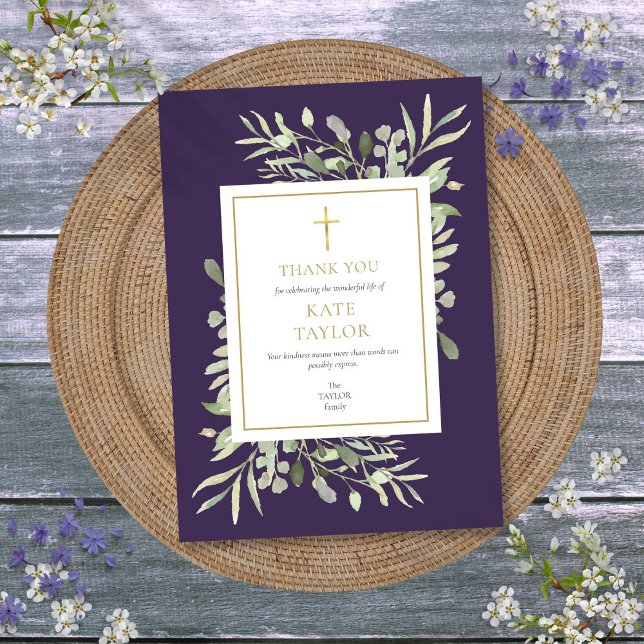 Tarjeta De Agradecimiento Monumento conmemorativo cristiano a la vegetación  (Purple Greenery Christian Funeral Memorial Thank You Card)