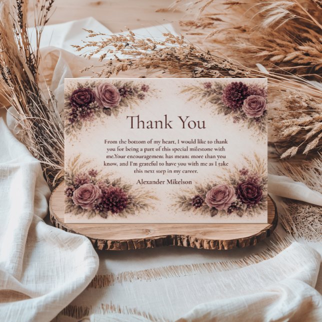 Tarjeta De Agradecimiento Moody Burgundy Floral Graduation Party (Subido por el creador)