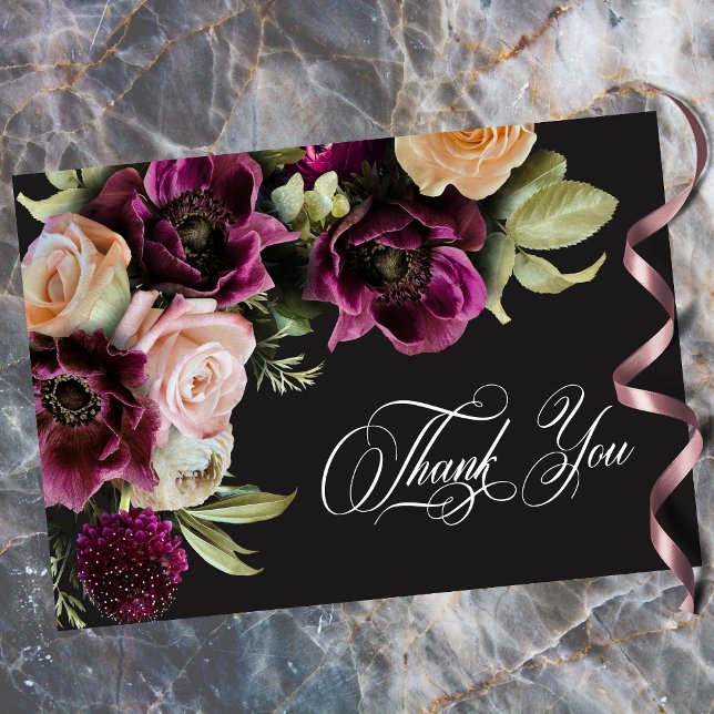 Tarjeta De Agradecimiento Moody Dark Floral Black Burgundy Romantic Wedding  (Moody Dark Floral Black Burgundy Romantic Wedding Thank You Card)