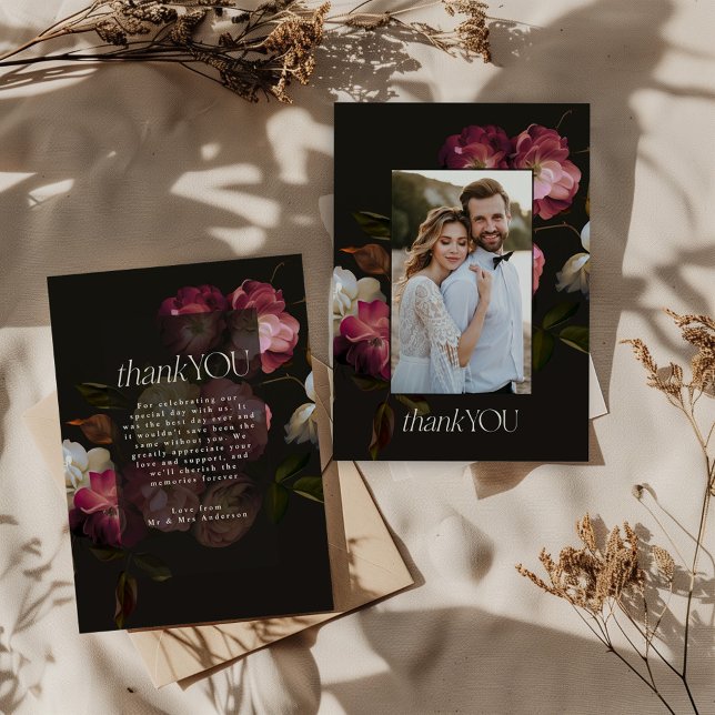 Tarjeta De Agradecimiento Moody Dark Floral Wedding Black Burgundy Chic (Subido por el creador)
