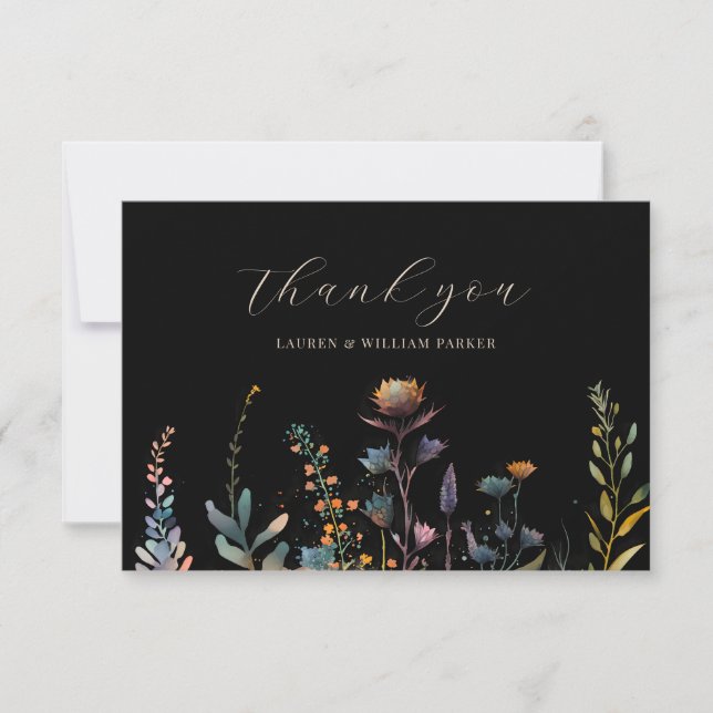 Tarjeta De Agradecimiento Moody Elegant Boda floral negro oscuro (Anverso)