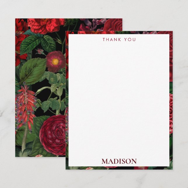 Tarjeta De Agradecimiento Moody Florals Monograma negro y borgoña (Anverso / Reverso)