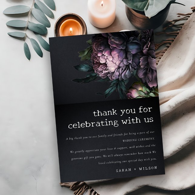 Tarjeta De Agradecimiento Moody Gothic Oscuro Púrpura Negro Peony Boda (Subido por el creador)