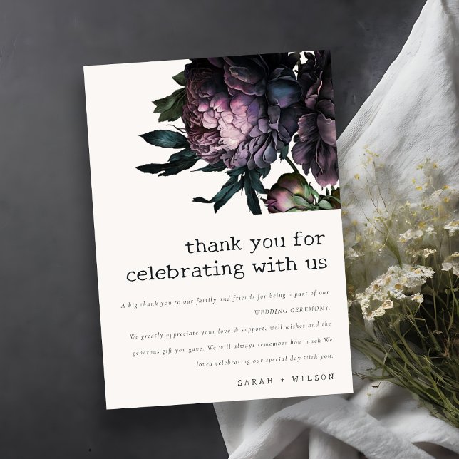 Tarjeta De Agradecimiento Moody Gothic Oscuro Púrpura Negro Peony Boda (Subido por el creador)