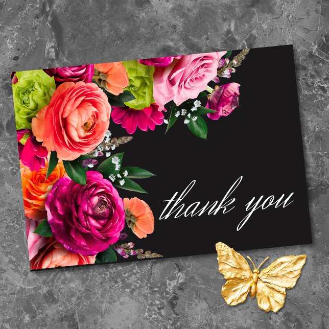 Tarjeta De Agradecimiento Moody Luxe Floral Vibrant Pink Black Wedding  (Moody Luxe Floral Vibrant Pink Black Wedding Thank You Card)