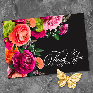 Tarjeta De Agradecimiento Moody Luxe Floral Vibrante Rosa Negro Boda 